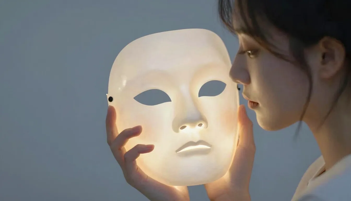 A poetic illustration of a person holding a glowing mask in ...