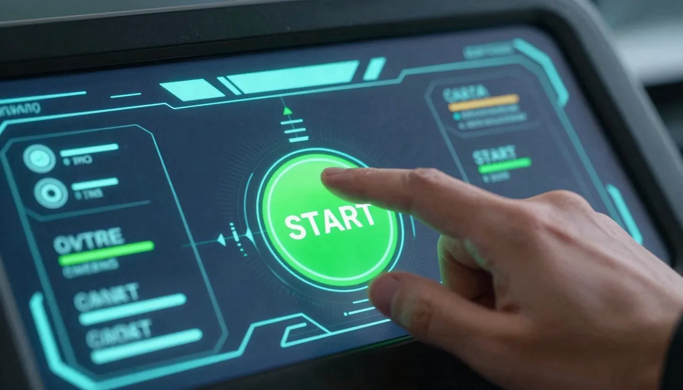 A hand clicking a bright green 'START' button on a high-tech...