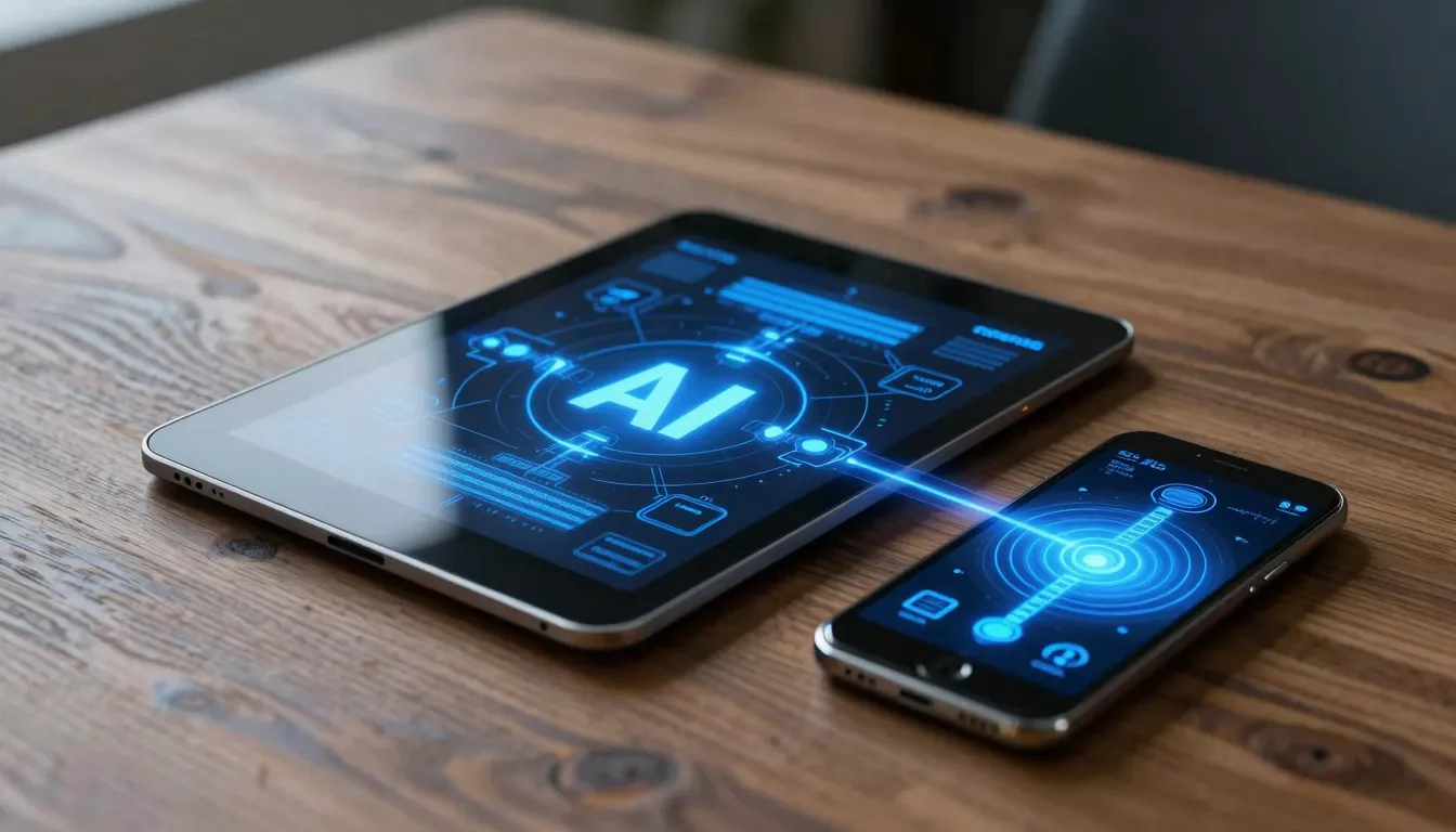 A high-tech digital tablet and a smartphone lying on a woode...
