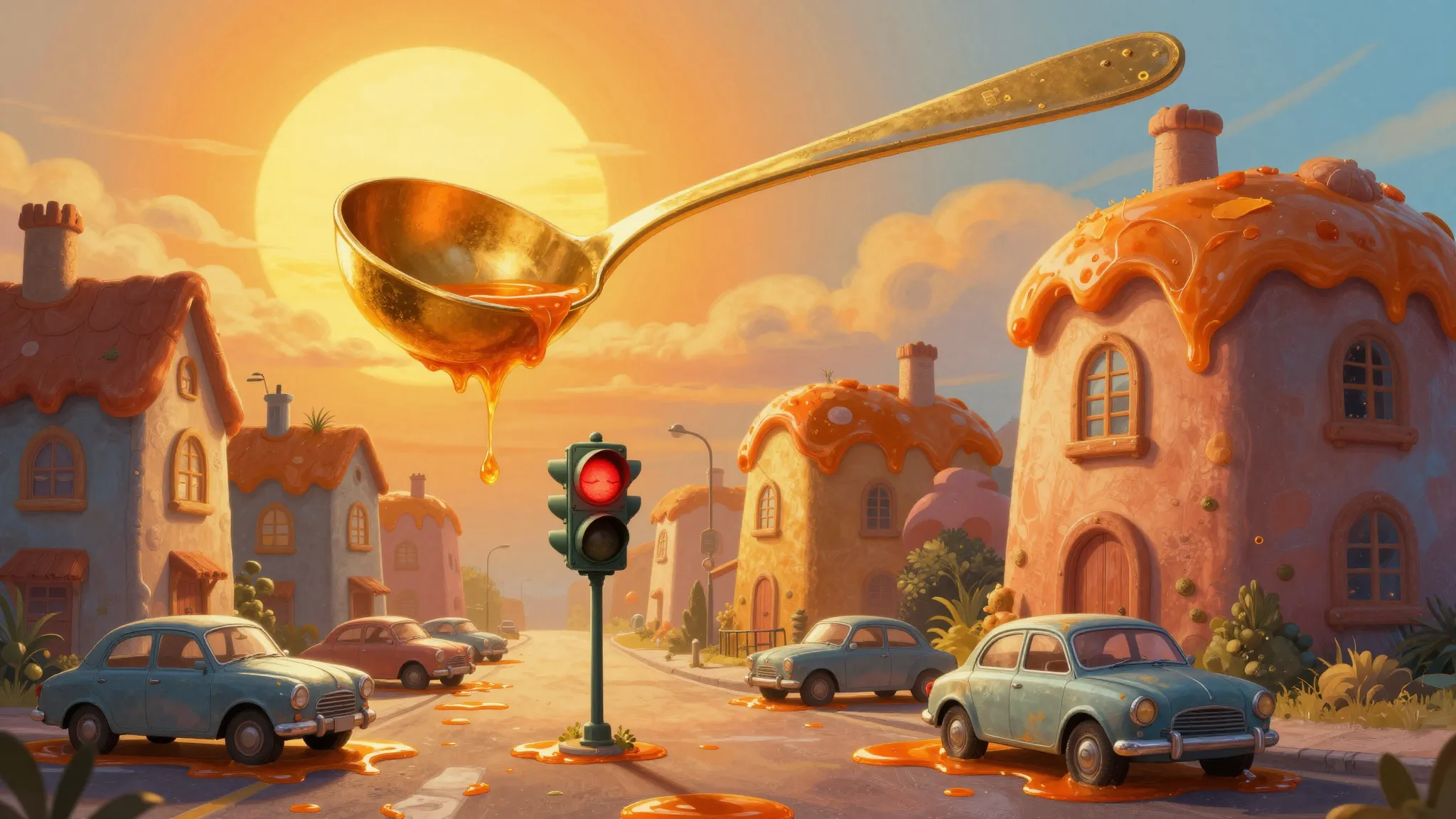 A wide-angle surreal illustration of a magical city. The sun...