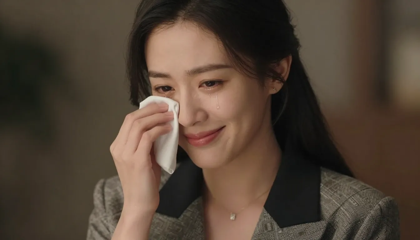 A stylish woman with a slight ironic smile, wiping away a si...