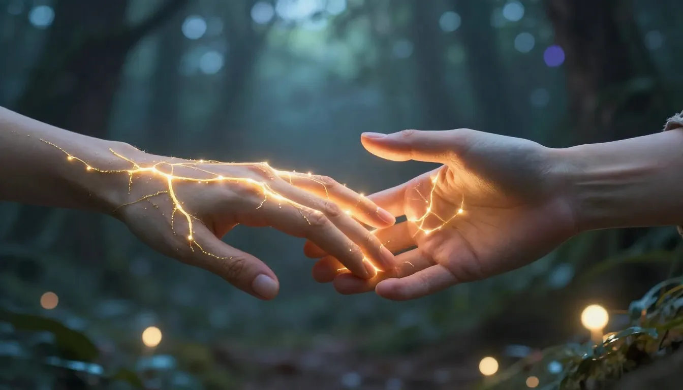 A close-up of two hands gently touching, with glowing golden...