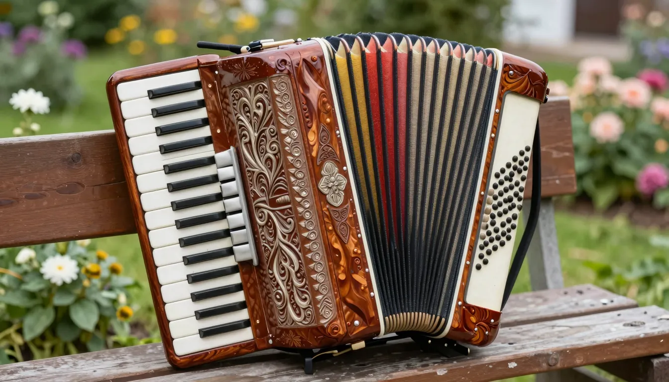 A close-up of a traditional Russian accordion with intricate...