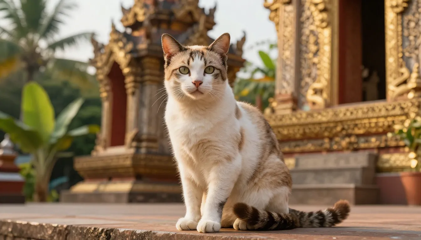 A majestic Thai cat with a slightly kinked tail, sitting gra...