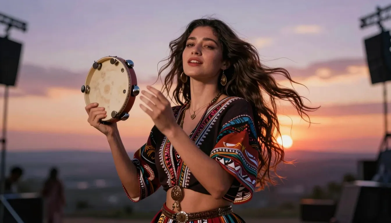 A beautiful woman with flowing hair wearing ethnic patterns,...