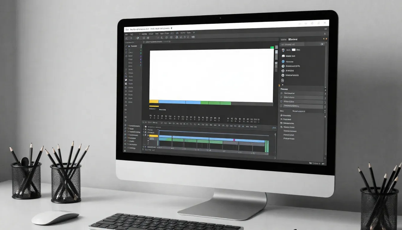 A professional workspace with a computer screen showing Adob...