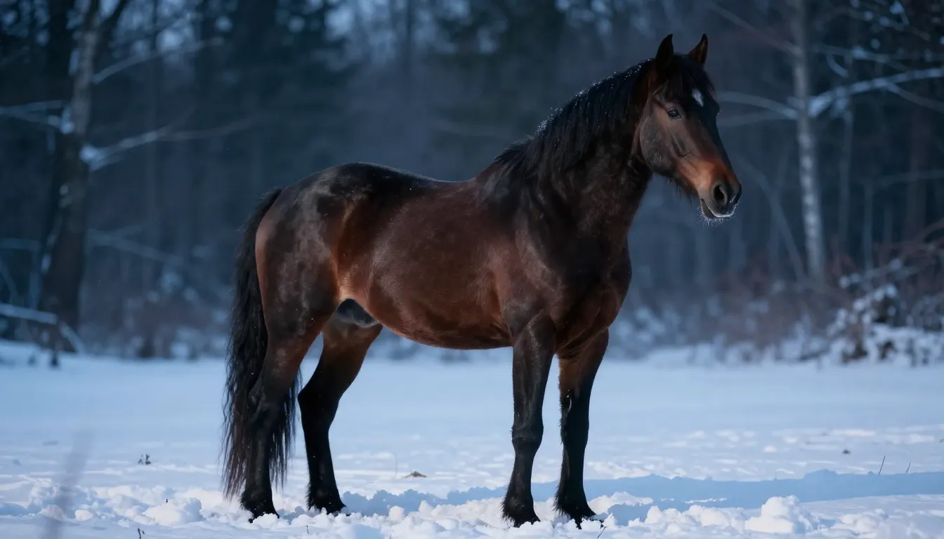 A majestic dark horse with a shiny coat standing in deep sno...
