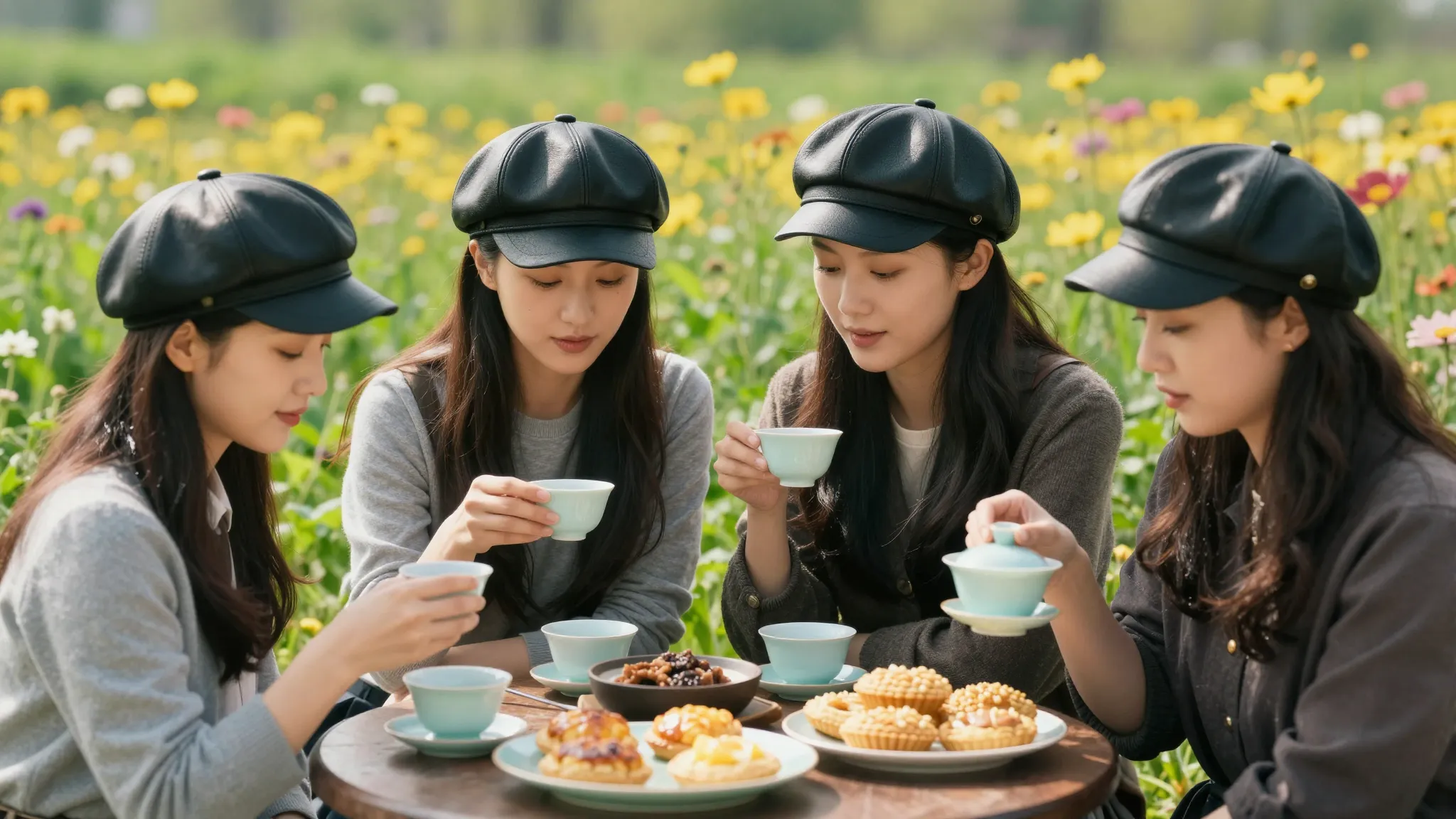 Three beautiful Chinese women sitting on a lush blooming mea...