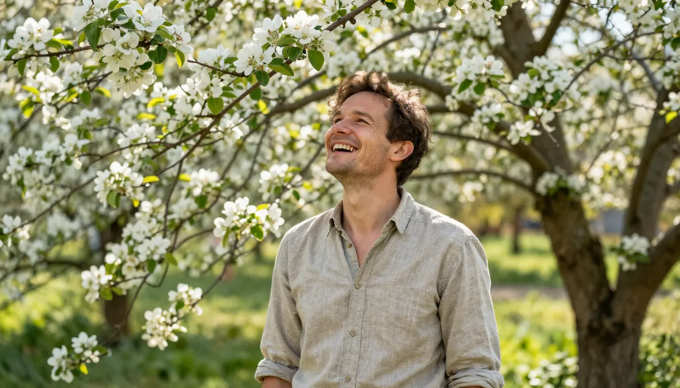 A happy man with a joyful expression standing in a lush gard...