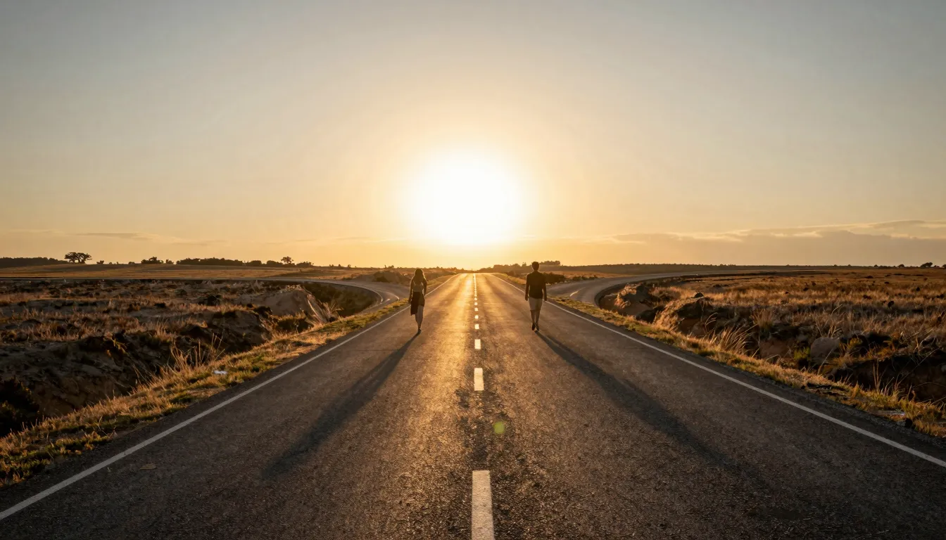 Two paths merging into one golden road leading towards a bri...