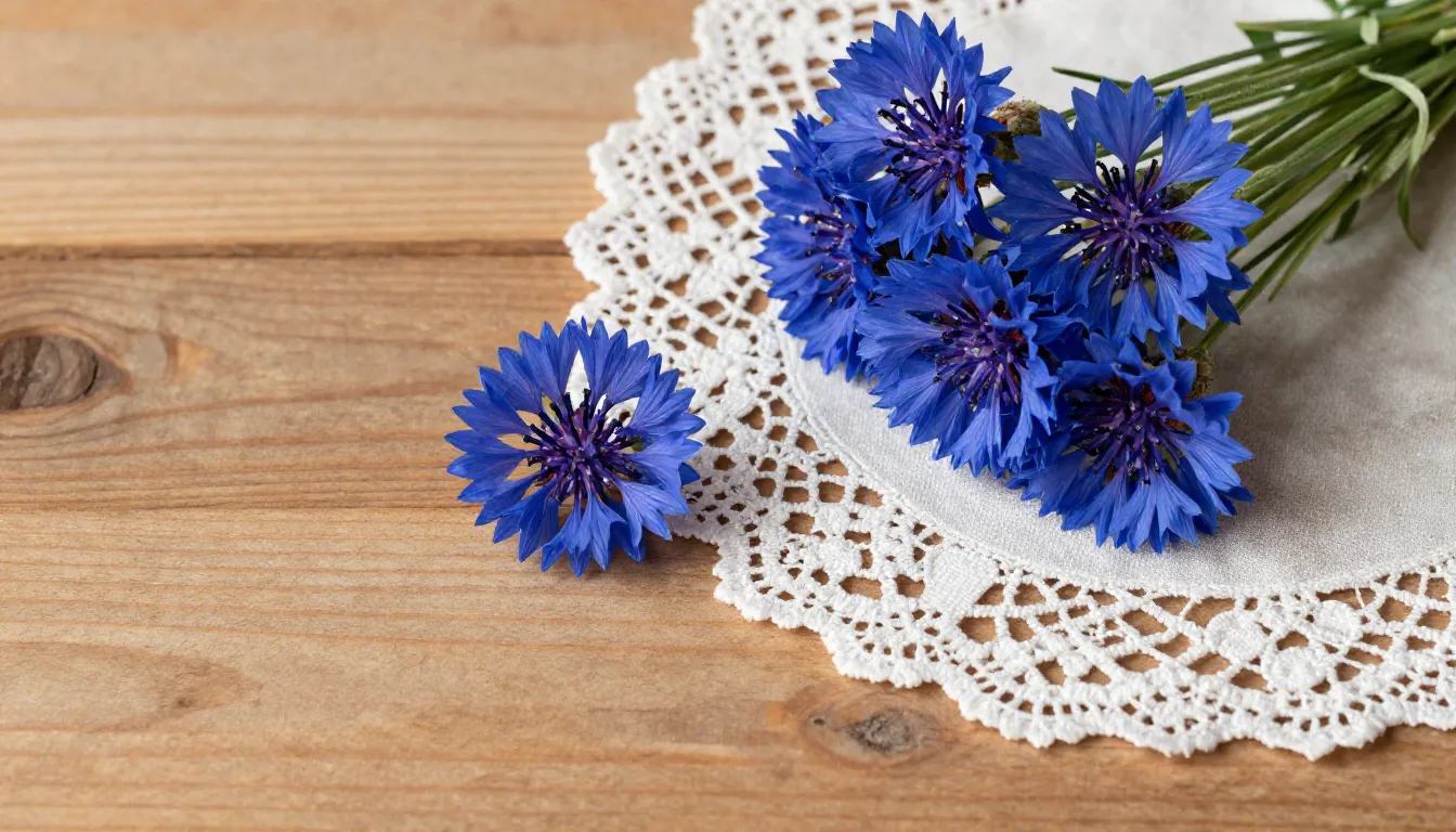 A beautiful flatlay with a blue cornflower brooch, a bouquet...