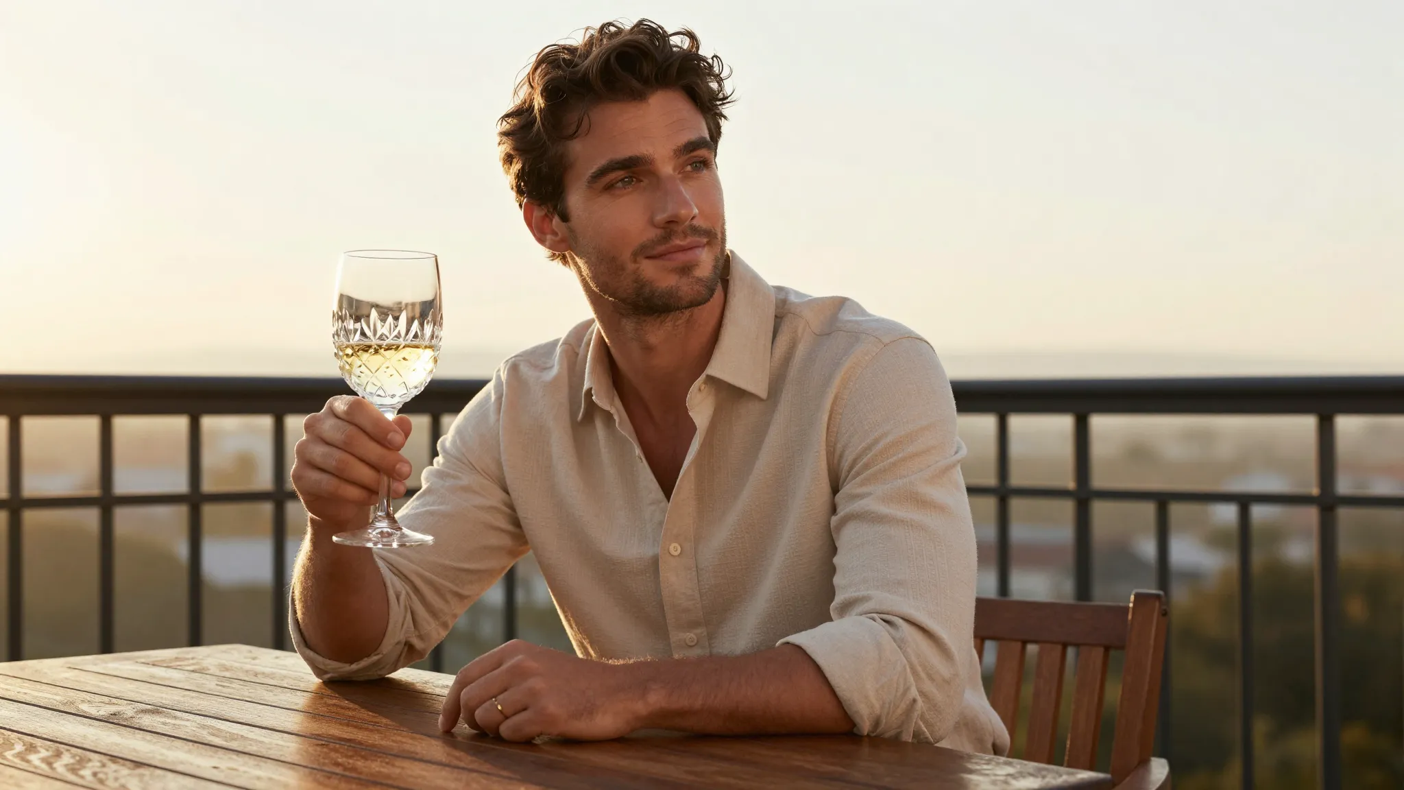 A handsome man sitting at a wooden table on a balcony during...
