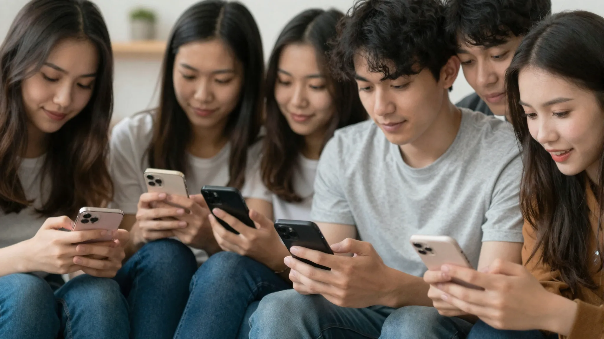 A group of friends looking at their phones in silence, some ...