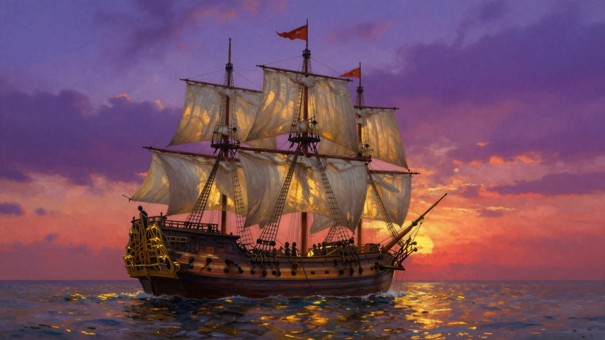 A majestic pirate galleon sailing through a sea of liquid go...