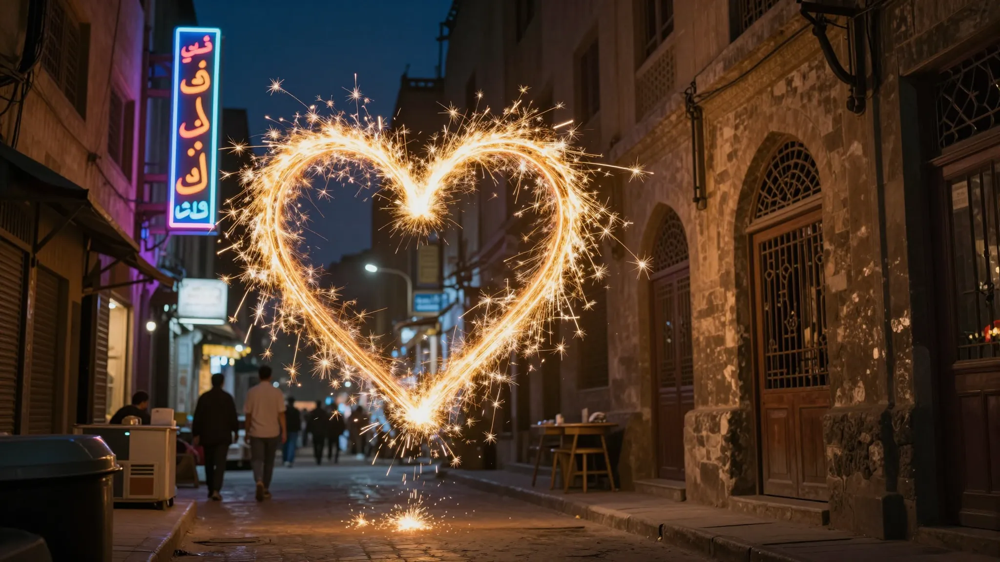 A romantic and magical scene in a Cairo street at night, neo...
