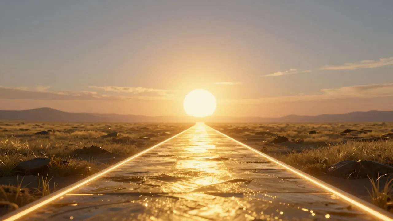 A futuristic digital landscape with a glowing path leading t...