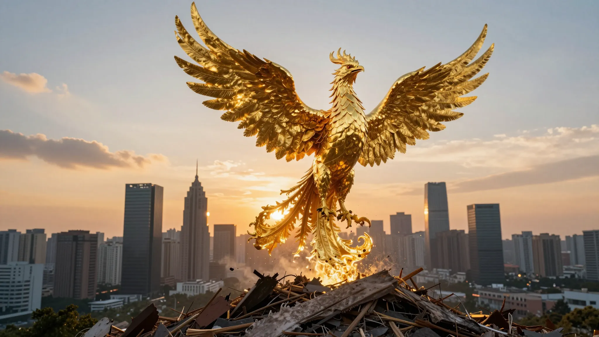 A golden phoenix rising from the ashes against a backdrop of...