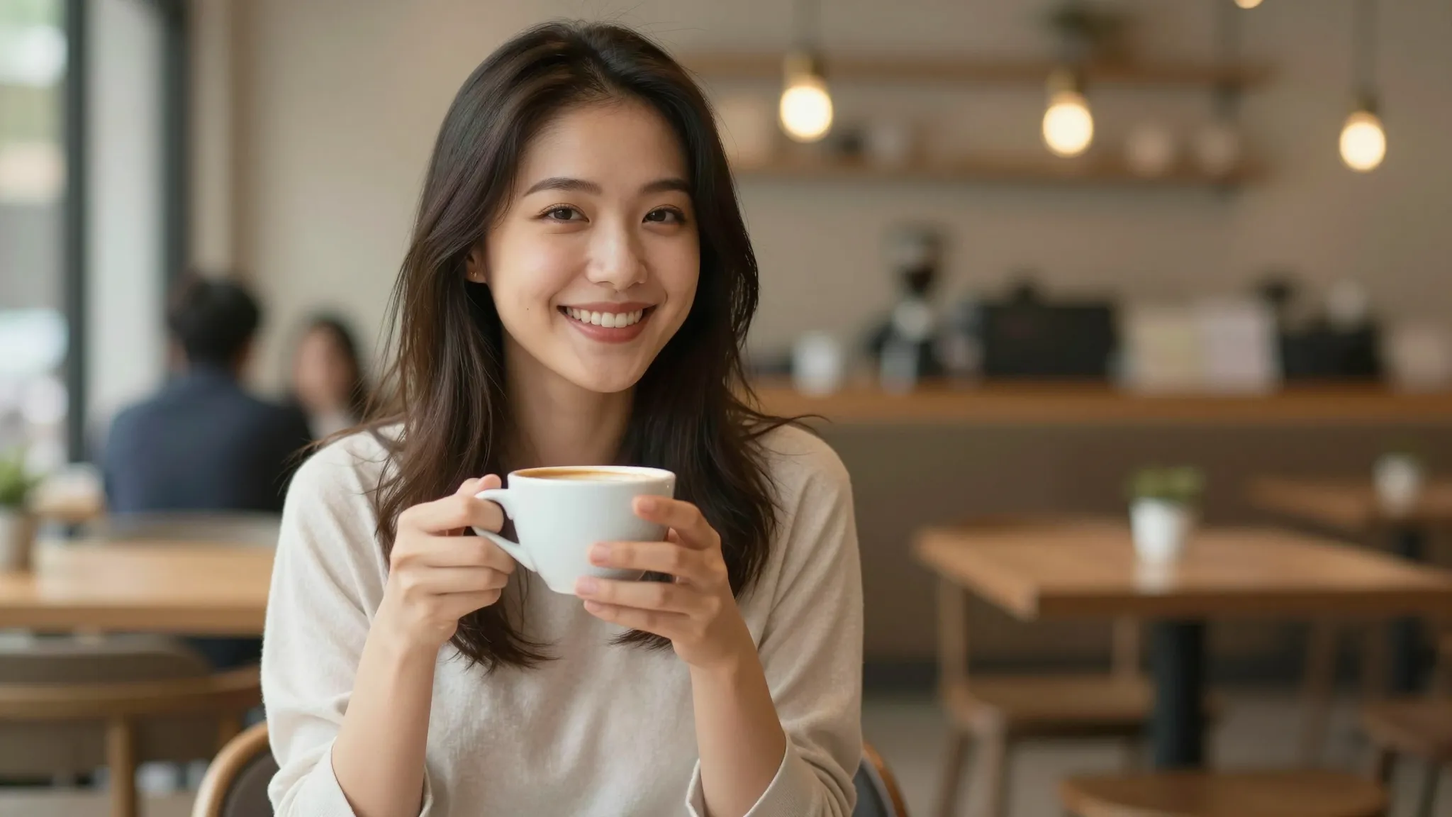 A young woman smiling, holding a cup of coffee, sitting in a...