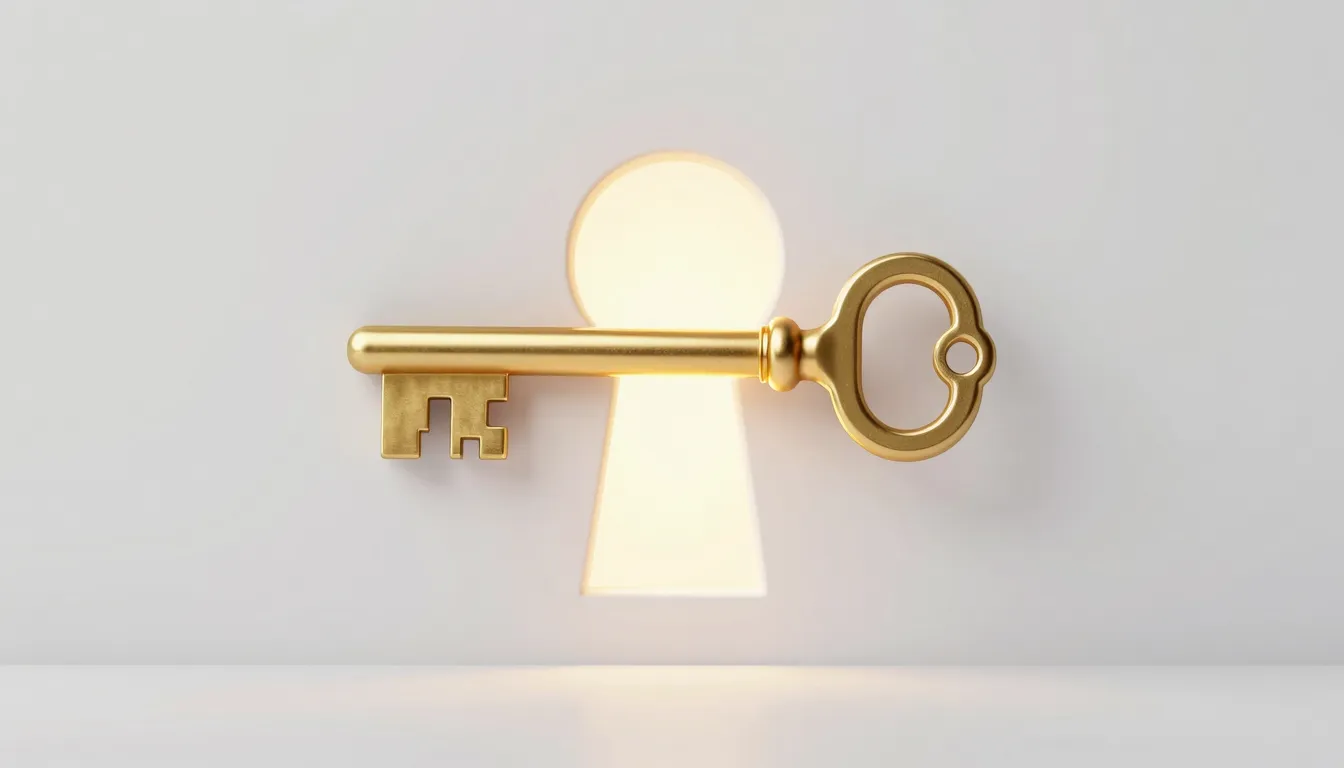 A minimalist and conceptual illustration of a golden key and...