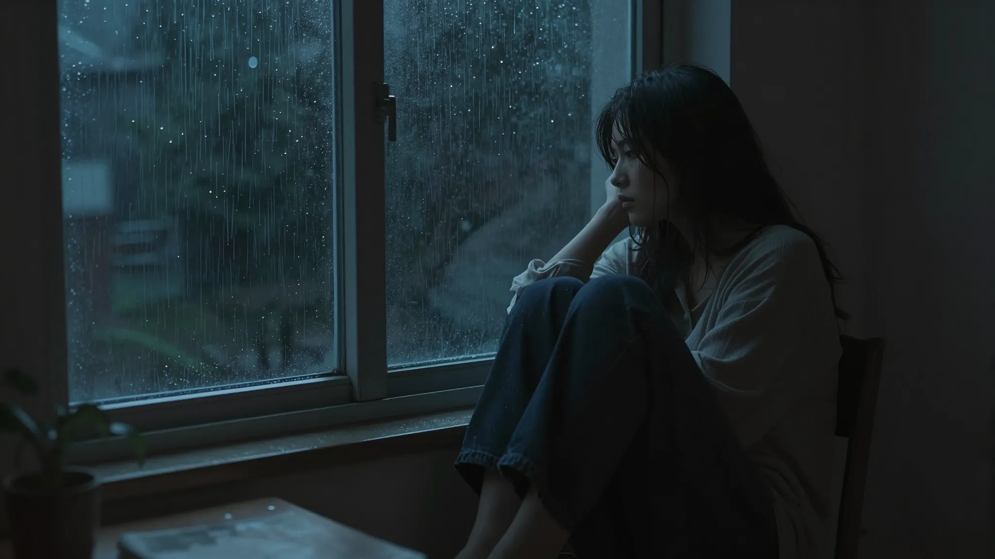A melancholic person sitting alone in a dimly lit room, look...
