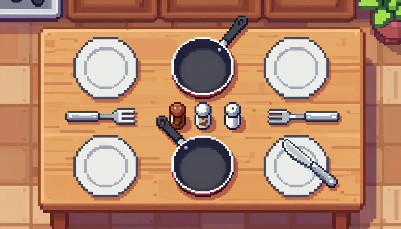 Pixel art game background, kitchen table zone for main cours...
