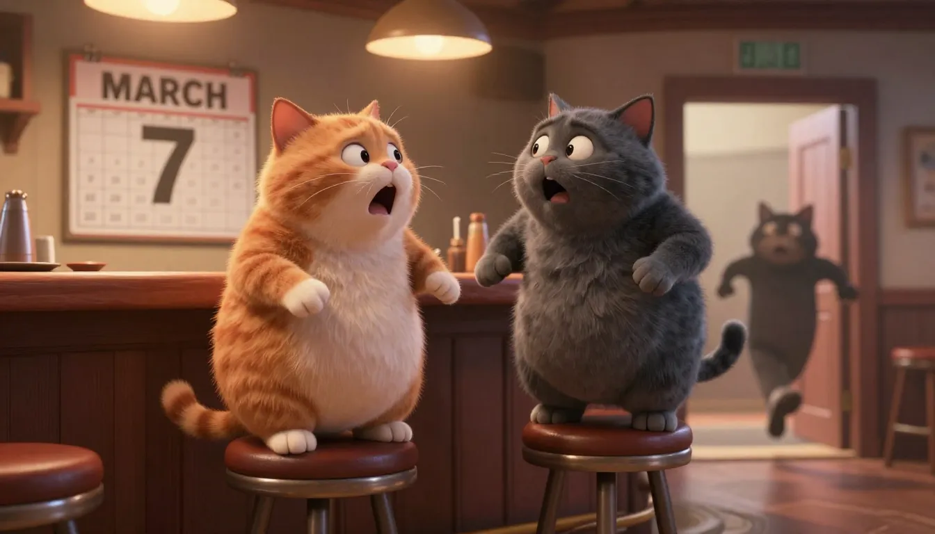 Cinematic 10-second video, humorous style. Two very chubby a...