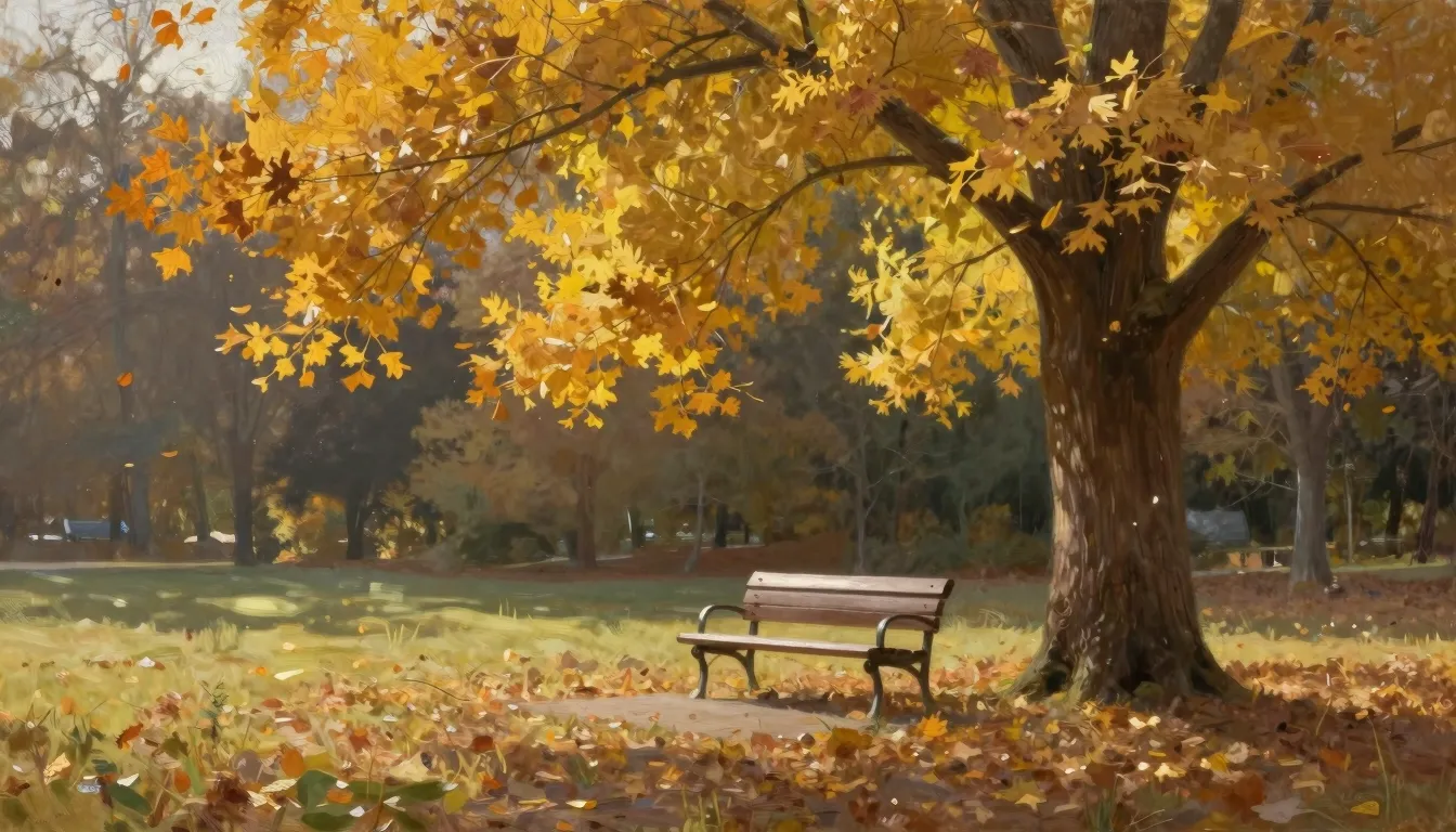 A peaceful autumn park with a lonely bench under a golden tr...
