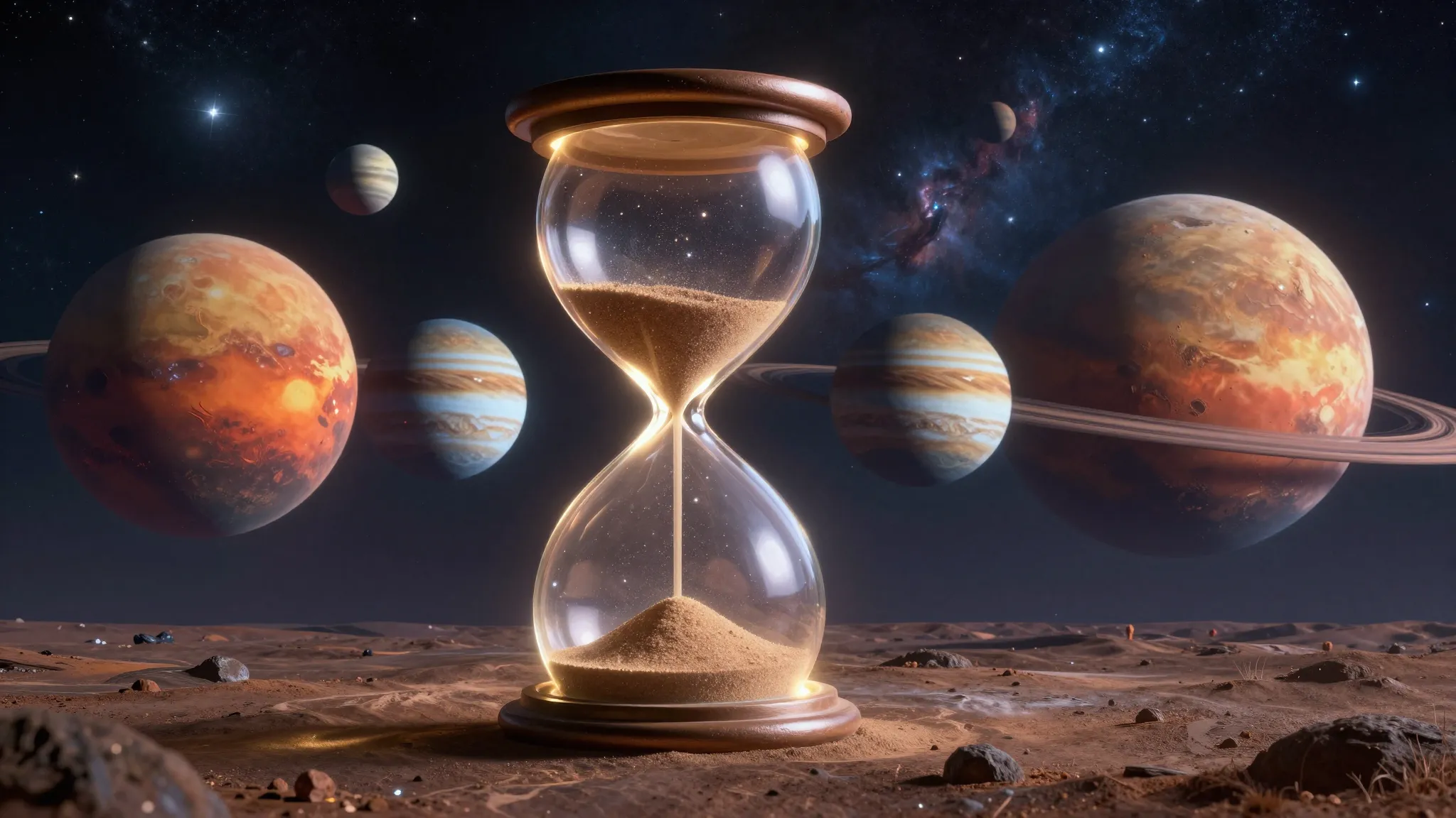 Surreal cosmic landscape with various planets like Mars, Jup...