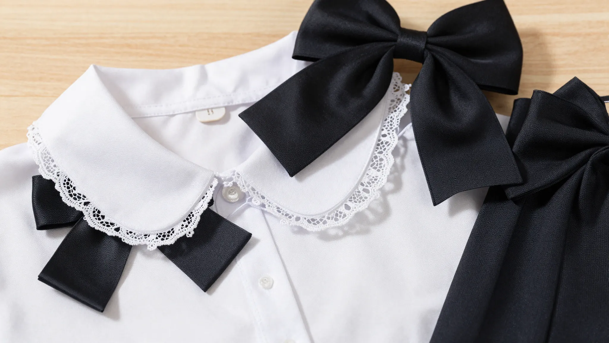 Close-up of a white lace school collar and black grosgrain h...