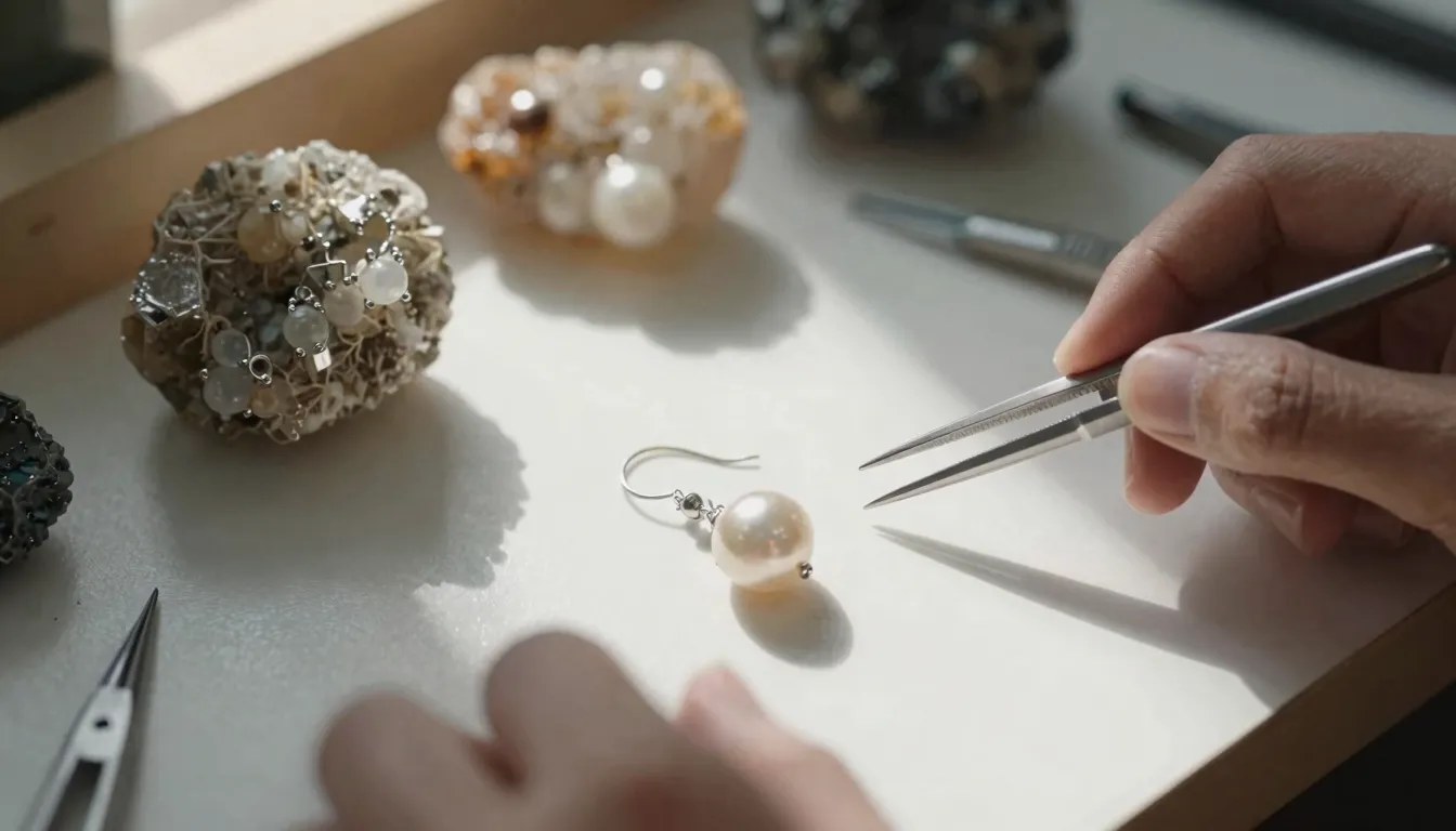 Close-up of a jeweler's workspace with natural raw minerals,...