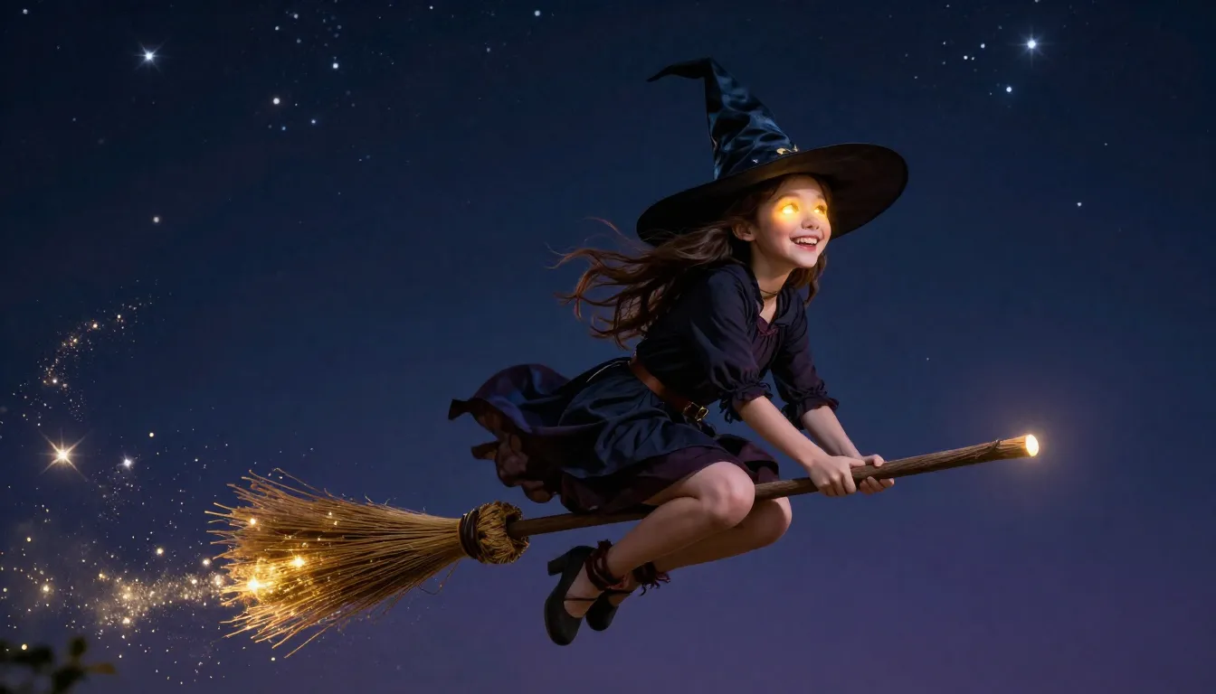 A joyful and kind young witch with a radiant smile, flying o...