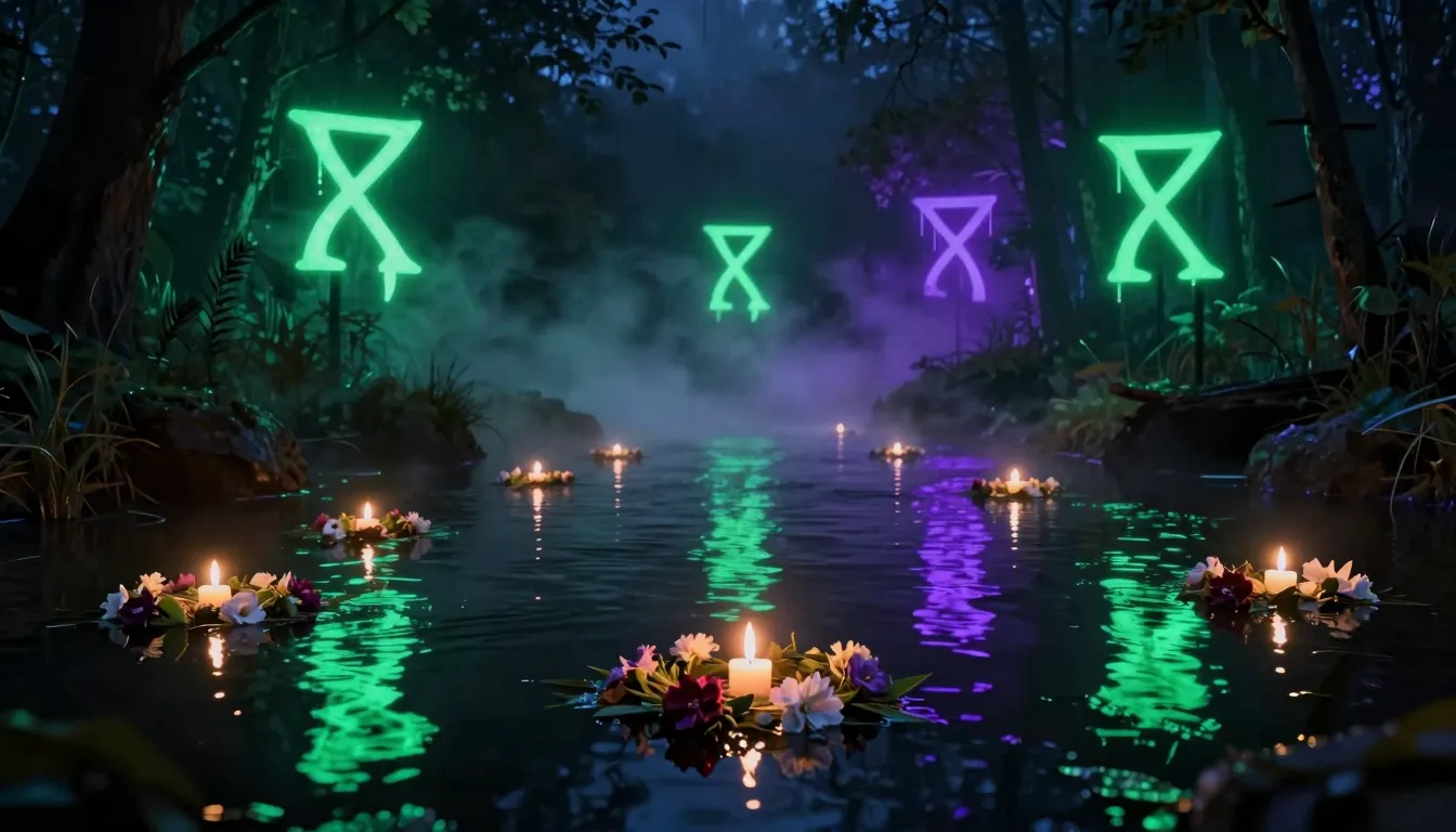 Dark river at night with floating flower wreaths and candles...