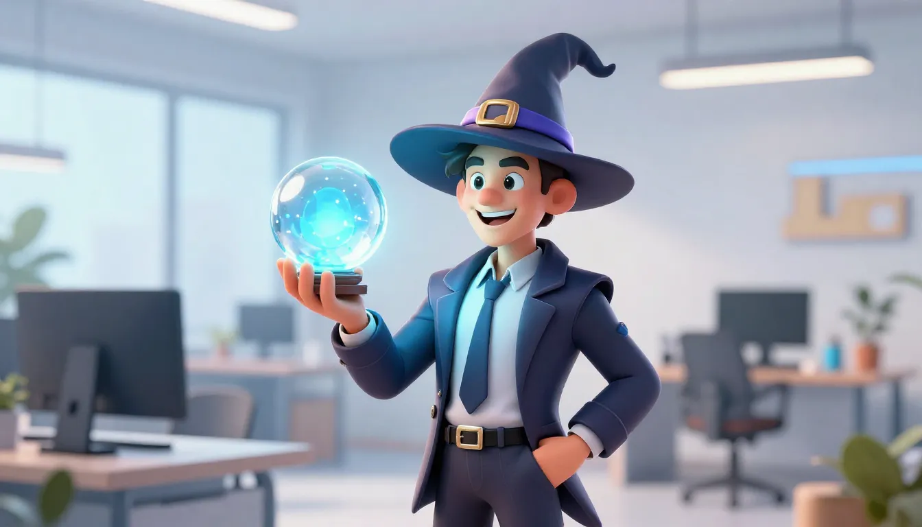 A friendly wizard character with a glowing crystal ball, wea...