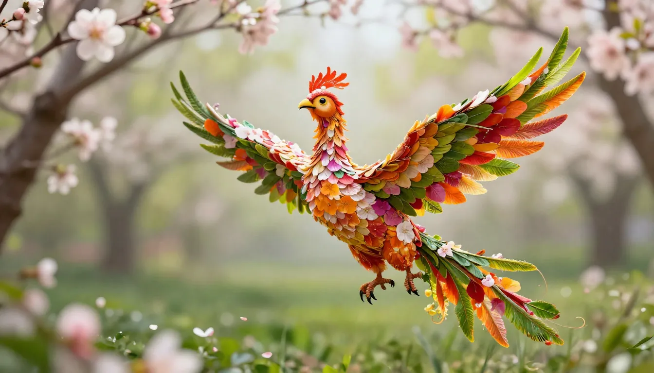 A stylized phoenix bird made of vibrant spring petals and gr...
