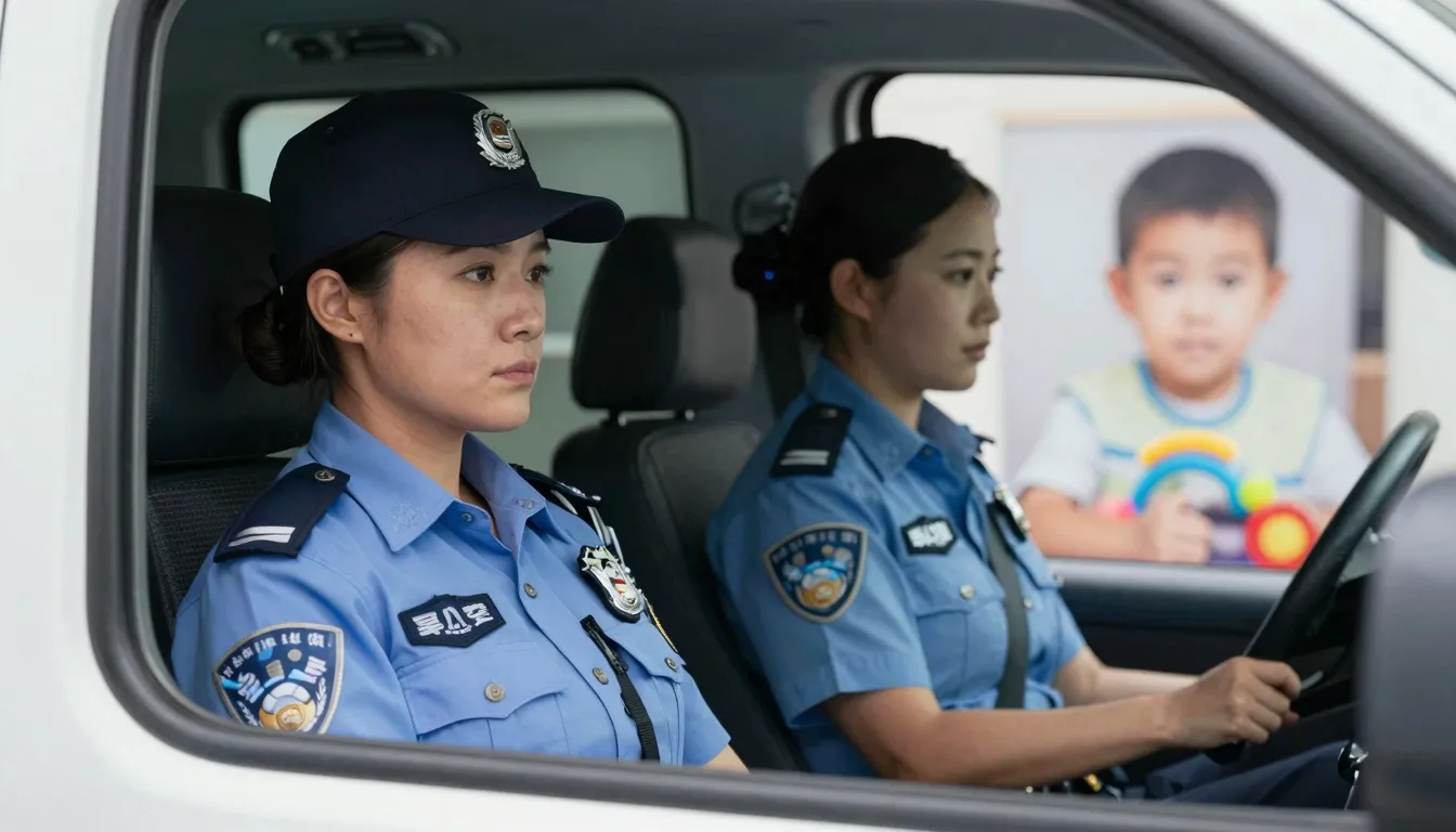 Two female police officers in uniform inside a police transp...