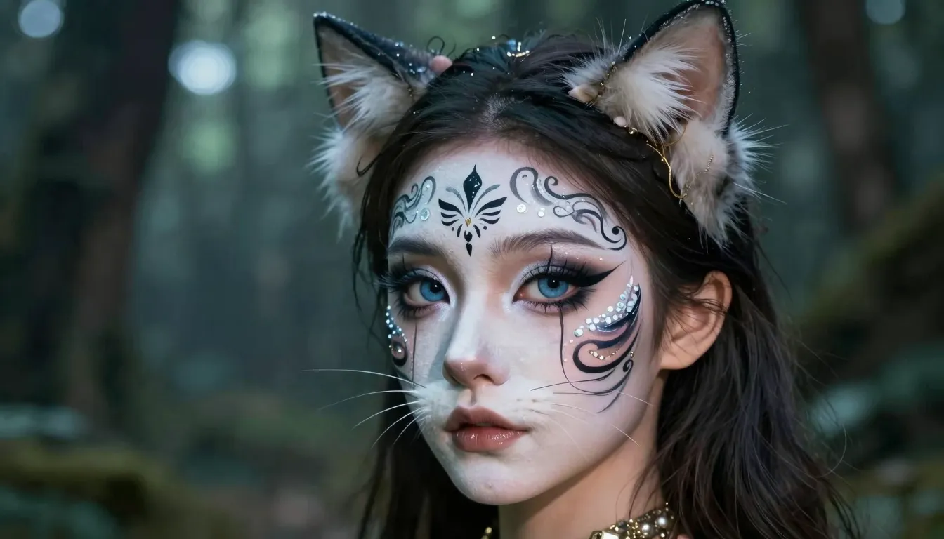 A stunning girl with intricate professional cat makeup, feli...