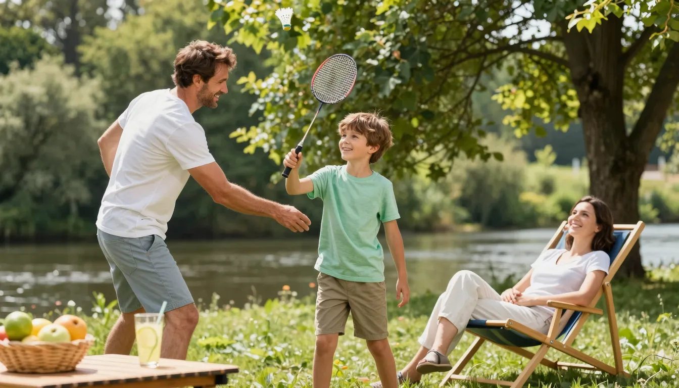 A sunny summer scene with a Caucasian family. A father and h...