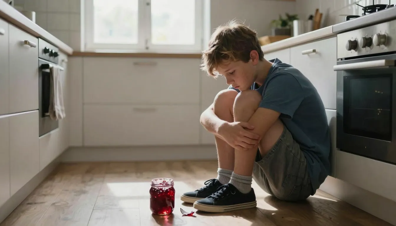 A sad 14-year-old boy in a modern village kitchen, looking d...