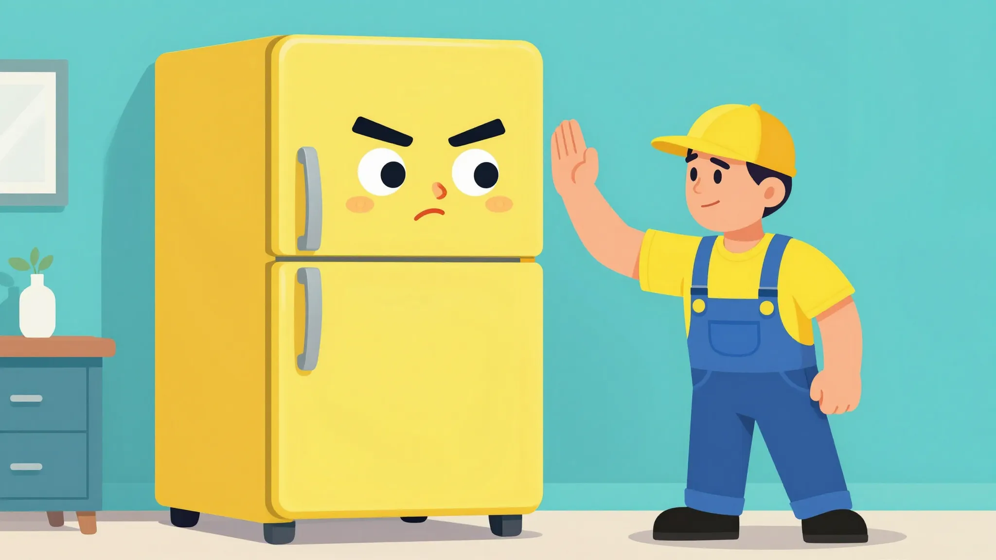 A humorous illustration of a refrigerator with a face lookin...