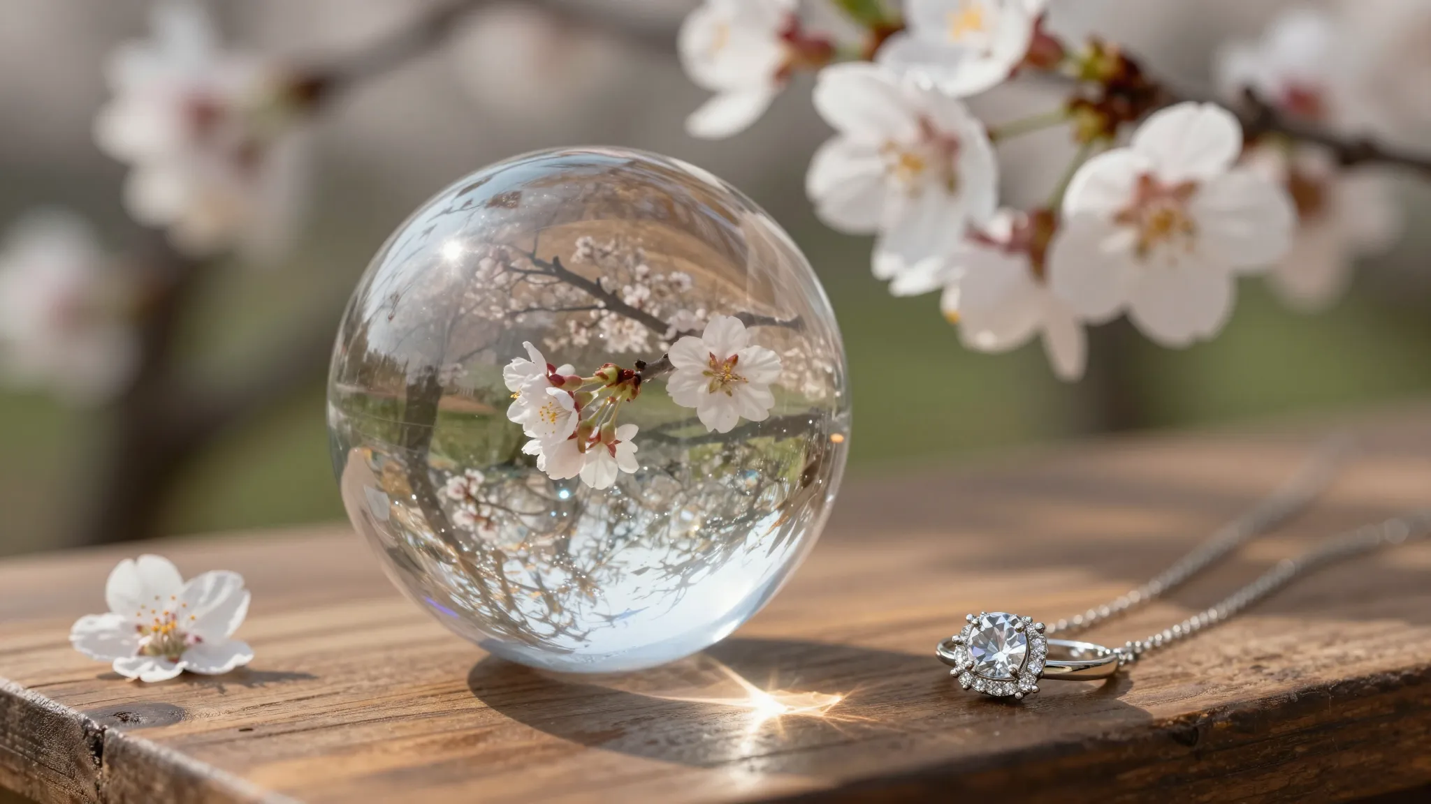 A magical crystal ball on a wooden table reflecting blooming...
