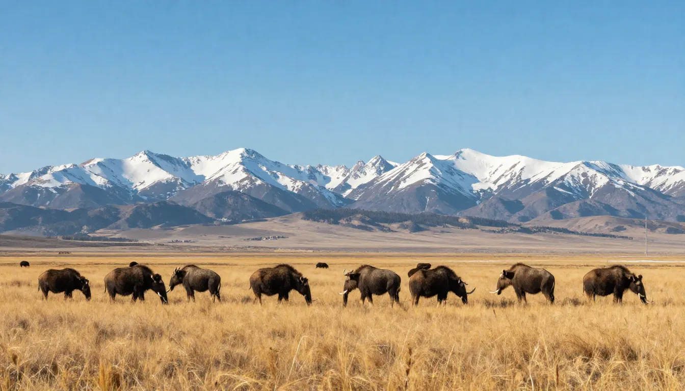 Mammoth steppe ecosystem, vast dry golden grassland under a ...