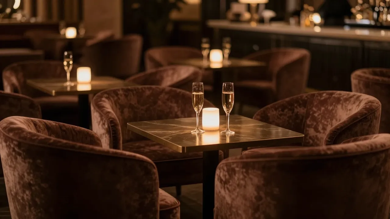 A luxurious dimly lit lounge with velvet furniture, champagn...