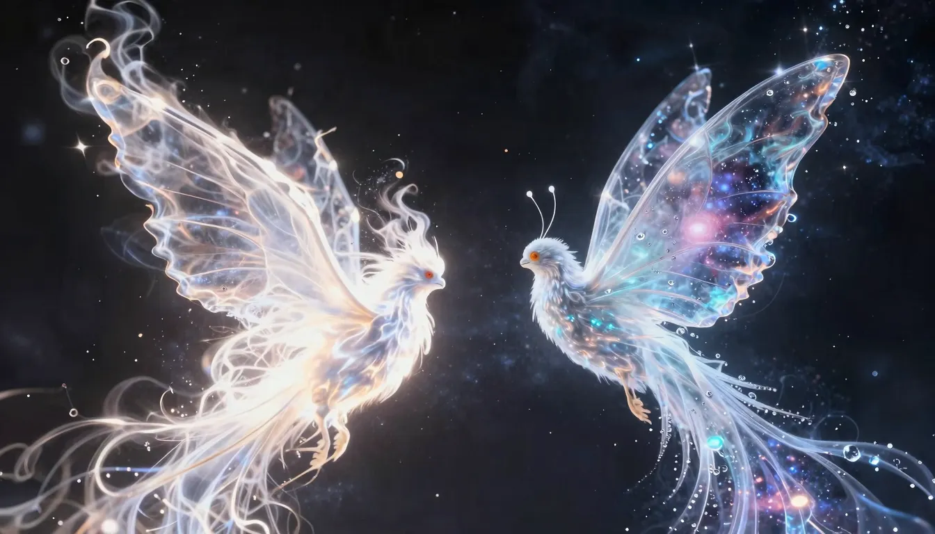 Two magical butterflies, one made of intense white flames an...