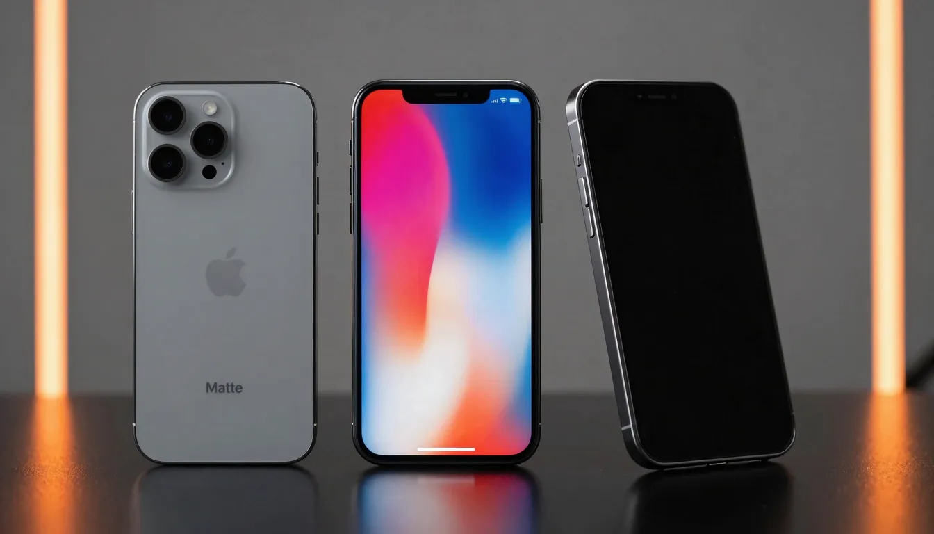 Three identical iPhones standing vertically in a row on a re...