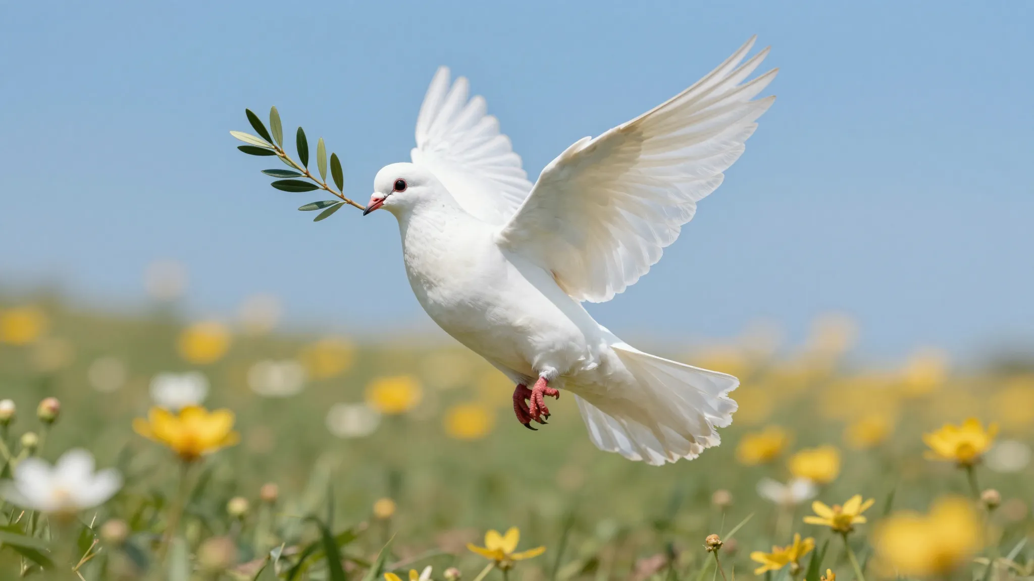A symbolic image of a white dove holding an olive branch, fl...