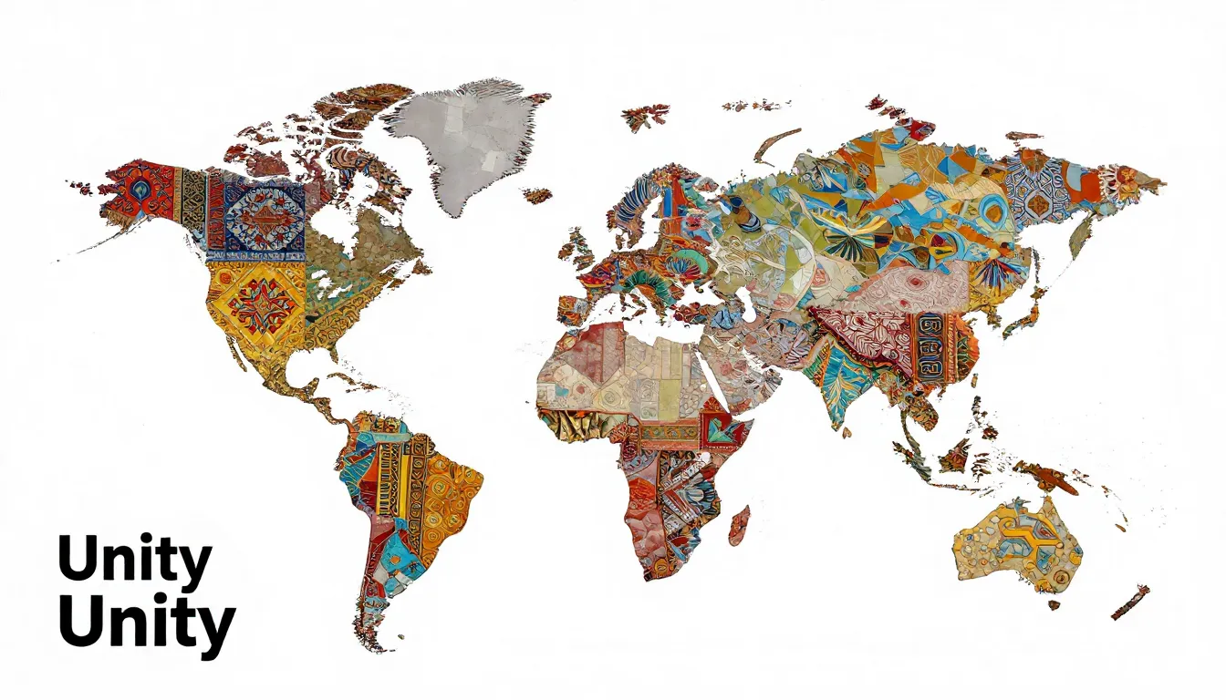 A modern art poster for a unity exhibition, a mosaic of dive...