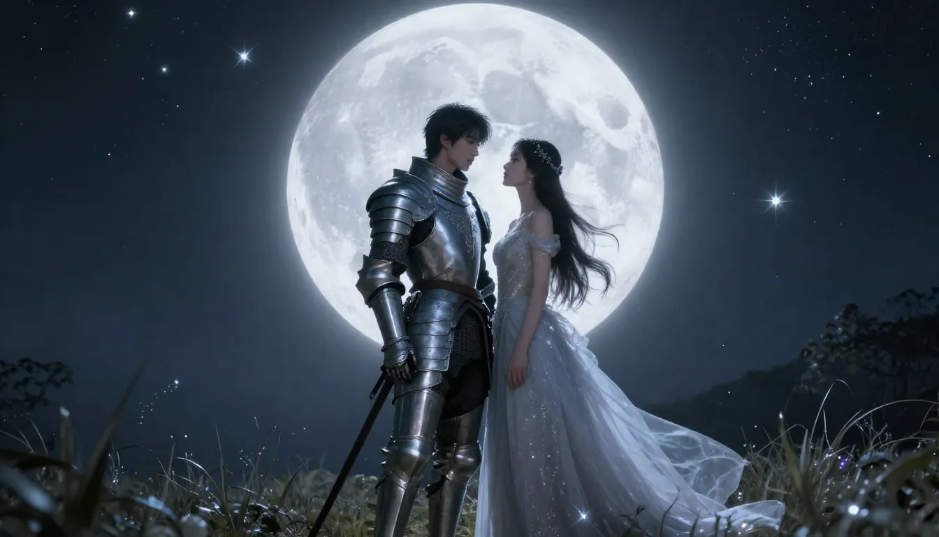 A romantic and mystical scene of a knight in silver armor an...