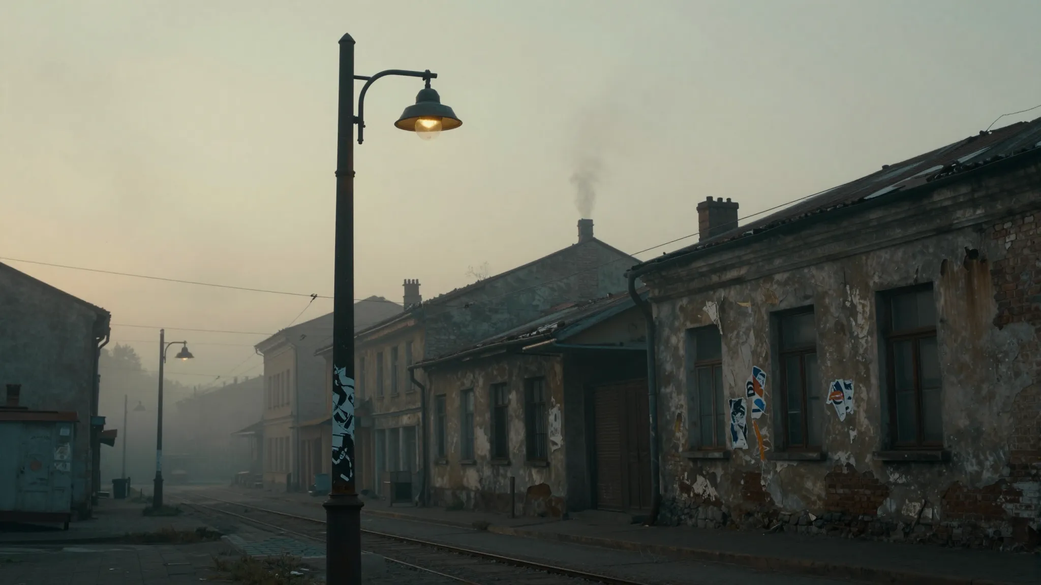 Cinematic shot of a melancholic old city at dawn. A lonely s...