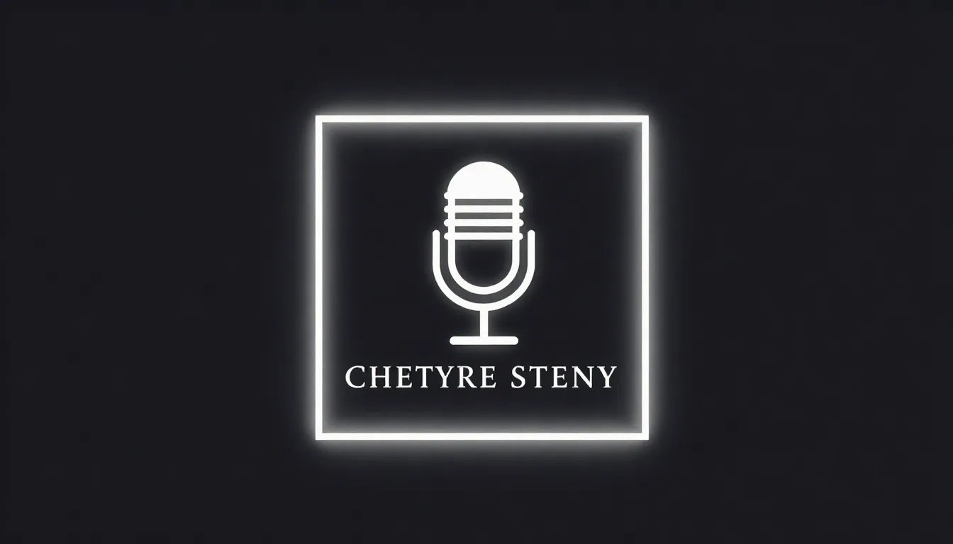 Minimalist logo for 'CHETYRE STENY', four glowing neon lines...