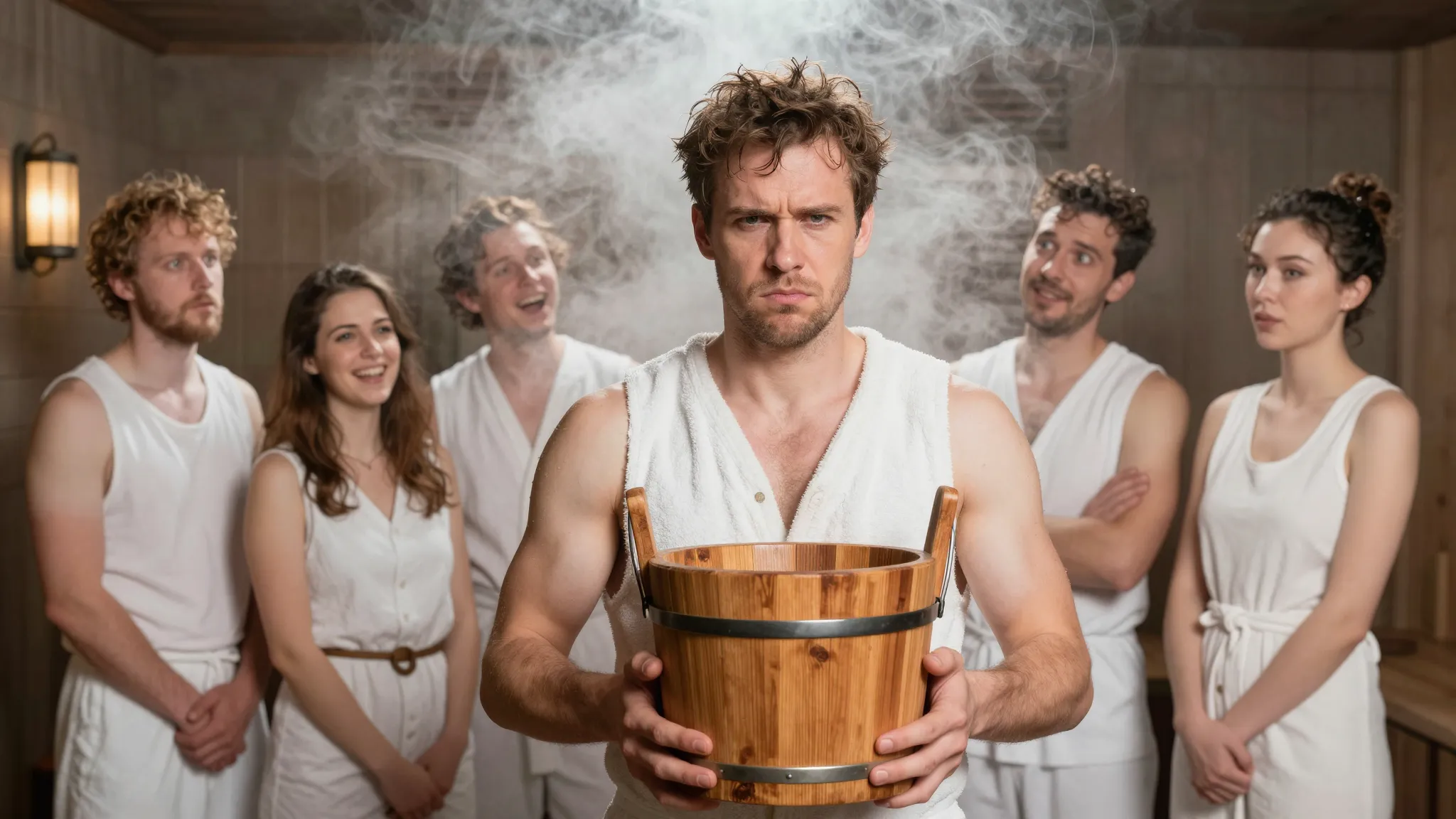 A group of funny friends in a steam room, one man looking ve...